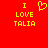Red background with yellow pixelated text and a heart symbol; left side shows 'I' above 'LOVE' above 'TALIA', right side shows identical text without the heart.