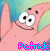 A 2x2 contact sheet of four animated frames showing a pink starfish character with large white eyes and black pupils, wearing a green cap, against a blue-green gradient background with the name "Patrick" in pixelated text below.