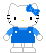 Pixelated Hello Kitty character in blue dress with white accents, showing two expressions: one with open eyes and another with closed eyes.
