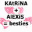 Pixelated graphic with pink heart shapes and black text reading 'KALRINA + ALEXIS = besties' on white background.