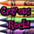Pixelated image with bold pink text 'Crayobs' and 'Rock!' on a multicolored striped background.