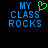 Blue pixelated text "MY CLASS ROCKS" on black background with green heart symbol above "CLASS" in left view, identical without heart in right view.