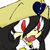 Animated character with black hair, red eyes, and a blue heart-shaped accessory on a yellow headpiece, showing slight pose variations.