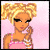 Pixelated cartoon woman with blonde hair in high pigtails, pink strapless dress, and pearl necklace against a light pink background.