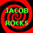 Four identical red and black spiral patterns with green text reading "JACOB ROCKS" arranged in a