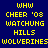 Static pixel art displays yellow text on dark blue background with repeated 'WHW CHEER '08 WATCHUNG HILLS WOLVERINES' text in three