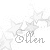 A grayscale animated icon featuring the name 'Ellen' in cursive script over a background of scattered stars, with visible pixel changes across frames.