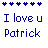 nine pixelated icons displaying "I love u Patrick" text with varying heart and letter color schemes, one icon featuring a blue heart below the name