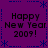 Purple background with blue dotted borders and asterisk motifs, displaying four identical 'Happy New Year 2009!' text blocks in dark pixelated font.