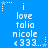 Blue background with white pixelated text reading 'i love talia nicole <333...' and small white stars with dotted lines at corners.