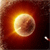 A circular, pixelated icon with a glowing orange-yellow center radiating outward into dark red and brown hues, set against a dark background with a small white pixel cluster on the right.