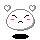 Pixelated white circular character with closed eyes, red cheeks, and a downturned mouth; four heart shapes float above the head against a gray background.
