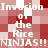 Pixelated text repeats 'Invasion of the Rice NINJAS!!' across a red and white checkered background in an animated sequence.