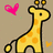 Pixelated yellow giraffe with orange spots stands against beige background, pink heart to left, small yellow butterfly to right.