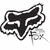 Black and white Fox Racing logo with stylized fox head outline, accompanied by a pixelated image of a person riding a dirt bike in motion.