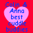 Four identical heart-shaped icons with blue text on a red background, each displaying "Colin & Anna best cuddle buddies" in pixelated font.