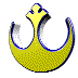 Yellow and blue Rebel Alliance symbol icon rotates through multiple angles showing front, side, and back views with visible depth shading.