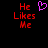 Red pixelated text 'He Likes Me' on black background with a purple heart symbol above the left side of the text.