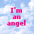 Pixelated image with pink text reading "I'm an angel" over a light blue sky background with white clouds.
