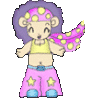 A cartoon character with purple hair, yellow top, pink star-patterned pants, and a pink polka-dot cape in multiple poses.