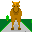 Pixelated brown horse with orange mane stands on green triangular grass patches against gray background, trees shift position across frames.