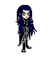 Pixel art character with long blue hair and dark clothing in multiple poses including standing, winged, and arm-raised positions.