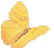 Pixelated yellow butterfly with brown wing veins on gray background, rendered in low-resolution style.