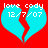 Two identical cyan broken hearts on red background with white text 'love cody' and date '12/7/07' inside each heart.