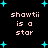 Pixelated text 'shawti is a star' repeated four times on black background with cyan stars, no visible animation changes.