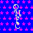 Blue background with pink stars, six identical vertical icons showing a character's head and body in yellow outline.