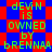 Pixelated green text on red and blue checkered background reads "devn is owned by brenna" in two identical vertical sections.