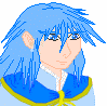 Pixelated character with blue hair and blue-and-yellow clothing in three variations showing open eyes, closed eyes, and a different eye expression.