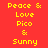 Pixelated text on red background with yellow and purple elements, displaying 'Peace & Love Pico & Sunny' in multiple configurations.