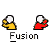 Pixelated cartoon figures in yellow, red, and orange shirts perform fusion actions with white circular heads against gray background.