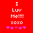Red background with white text reading 'I Luv Me!!!! xoxo' and five pink hearts, where the third heart shifts position between frames.