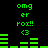 Green pixelated text and bar graphs on black background, with 'omg er rox!!' and '<3' repeated in two vertical