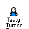 Animated contact sheet of a pixel art character in blue shirt with multiple expressions and props across 25 frames, including speech bubbles and text overlays.
