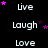 Black background with white text words 'live', 'laugh', 'love' arranged in a , pink stars scattered throughout, and a gray rectangle in the bottom-right corner