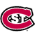 A pixelated red oval-shaped icon with a black outline and white inner border containing stylized black text.