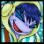 Pixelated character with blue hair and purple face, wide red smile, yellow hair-like halo, teal and brown background.