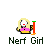 Pixelated character with white hair and pink top holding a red and green object, labeled 'Nerf Girl' below, in a of identical frames