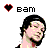 Pixelated animated contact sheet showing two frames of a character with black hair and pink skin, each paired with a heart icon and the text 'bam' above their head.