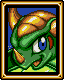 Pixelated green turtle-like creature with brown shell, blue eye, and orange horns in four framed poses showing head movement.