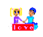Pixelated cartoon of two figures holding hands at a table with 'love' text, showing animation changes in text color and character expressions.