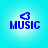 Four identical blue pixelated icons on light blue gradient backgrounds, each featuring a play button symbol above the word MUSIC.