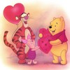 Tigger, Piglet, and Winnie the Pooh stand together holding large red heart-shaped objects against a soft pink and yellow gradient background.