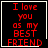 Four identical black square with red pixelated text reading "I love you as my BEST FRIEND" and white borders, each showing a different small white pixelated symbol at the bottom-right corner