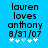 Blue background with black pixelated text reading 'lauren loves anthony 8/31/07' and five white star icons below, two of which are light blue in the second frame.