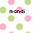 Pixelated image with pink and green polka dots on white background, displaying text fragments in black pixel font.
