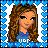 Pixelated cartoon-style buddy icon with blue heart border, featuring a female character and text phrases across three frames.